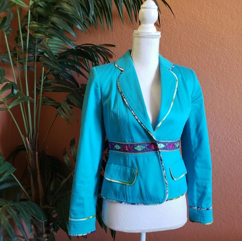 3/$25 Harve Benard Turquoise Blazer Geometric Embroidery 6 Petite Bright